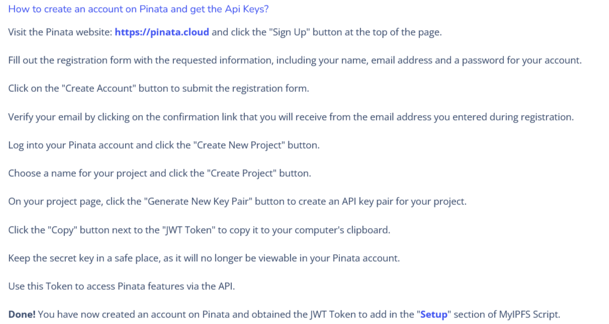 How to create an Account to Pinata and get the API Keys
